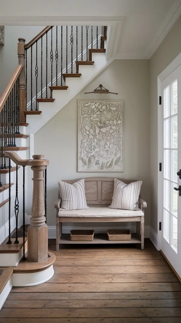 This country hallway welcomes you into a world of French country farmhouse charm.  The blend of cottage interiors and modern French country design creates a captivating entryway decor, showcasing the best of country cottage farmhouse living.