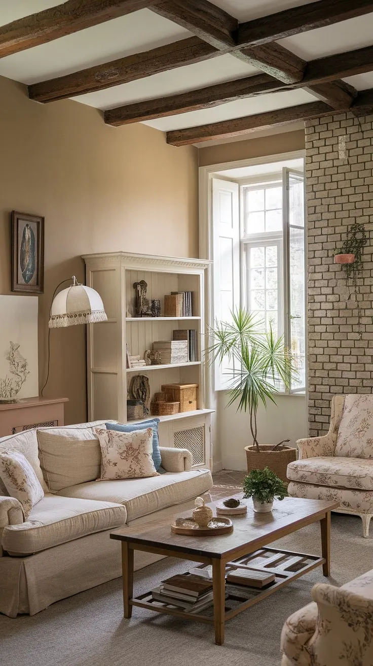 Step inside this idyllic French cottage living room, a perfect example of French country style.  The small French country home is filled with delightful French farmhouse decor and country style decor, creating a space that embodies the spirit of French country interiors.