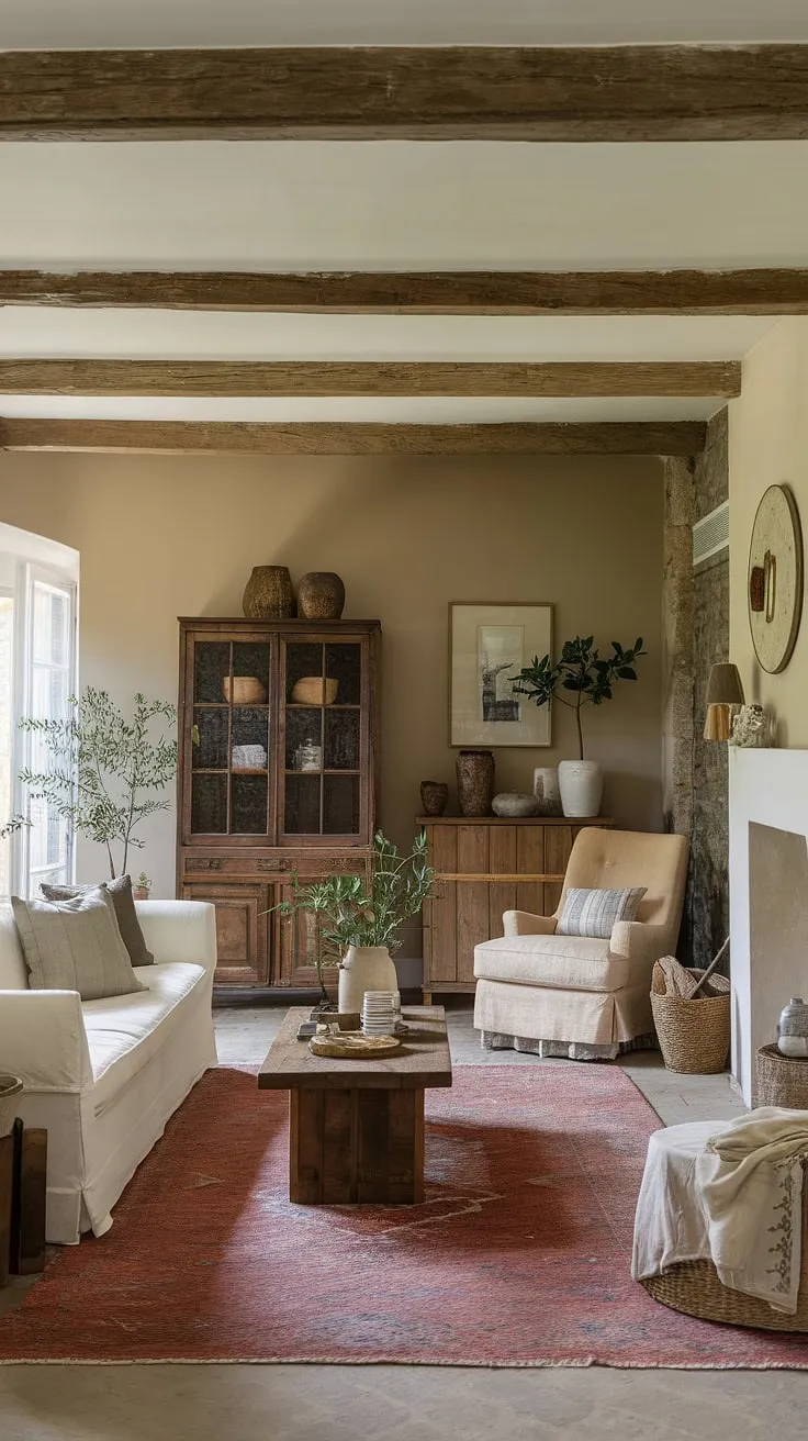 Step inside this idyllic French cottage living room, where French country interiors meet rustic charm.  The space perfectly embodies French country style and French farmhouse decor in a small French country home, creating a haven of country style decor.
