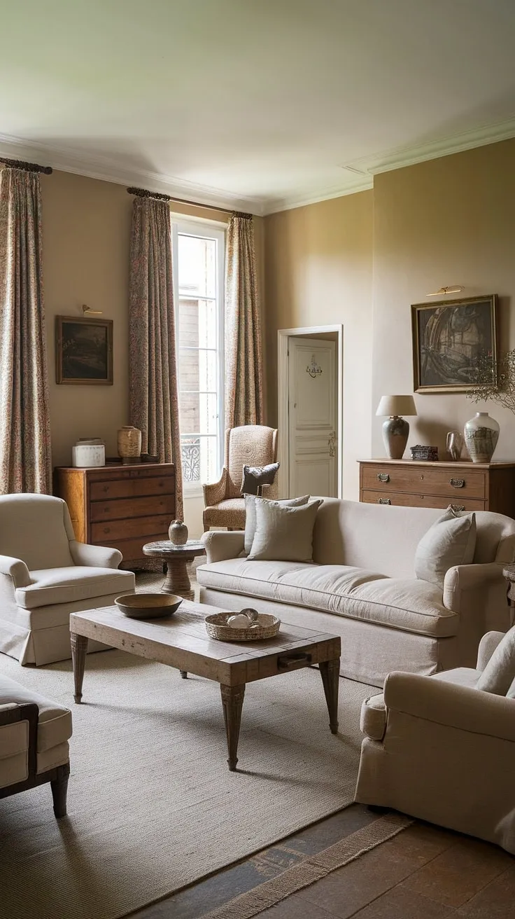 Step inside this idyllic French cottage living room, a perfect example of French country style and French farmhouse decor.  The small French country home is filled with the warmth and charm of country style decor, creating a truly inviting space within its French country interiors.