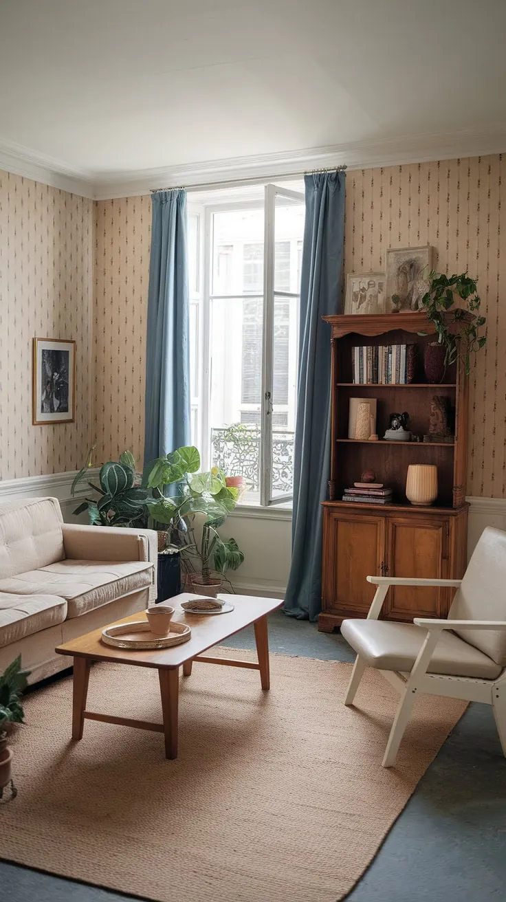 Step inside this idyllic French cottage living room, where French country interiors meet rustic charm.  The space perfectly embodies French country style and French farmhouse decor in a small French country home setting.
