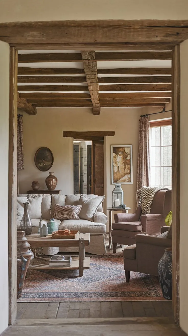 This delightful French cottage decor showcases the best of French country interiors in a small French country home. The living room, a perfect example of French farmhouse decor and country style decor, invites relaxation with its rustic wooden beams, comfortable seating, and thoughtfully curated accessories.  A true embodiment of French country style.