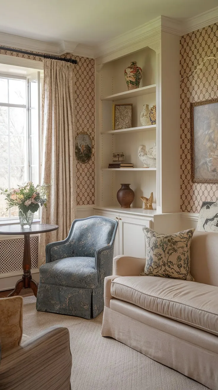 This delightful French cottage living room embodies the essence of French country style.  The small French country home is filled with carefully curated French farmhouse decor and country style decor, creating a space that's both inviting and sophisticated.  A perfect example of charming French country interiors.