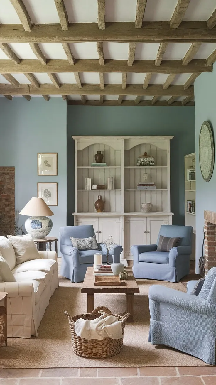 This French cottage living room perfectly captures the spirit of French country interiors.  The delightful blend of French farmhouse decor and country style decor transforms this small French country home into a haven of rustic elegance.