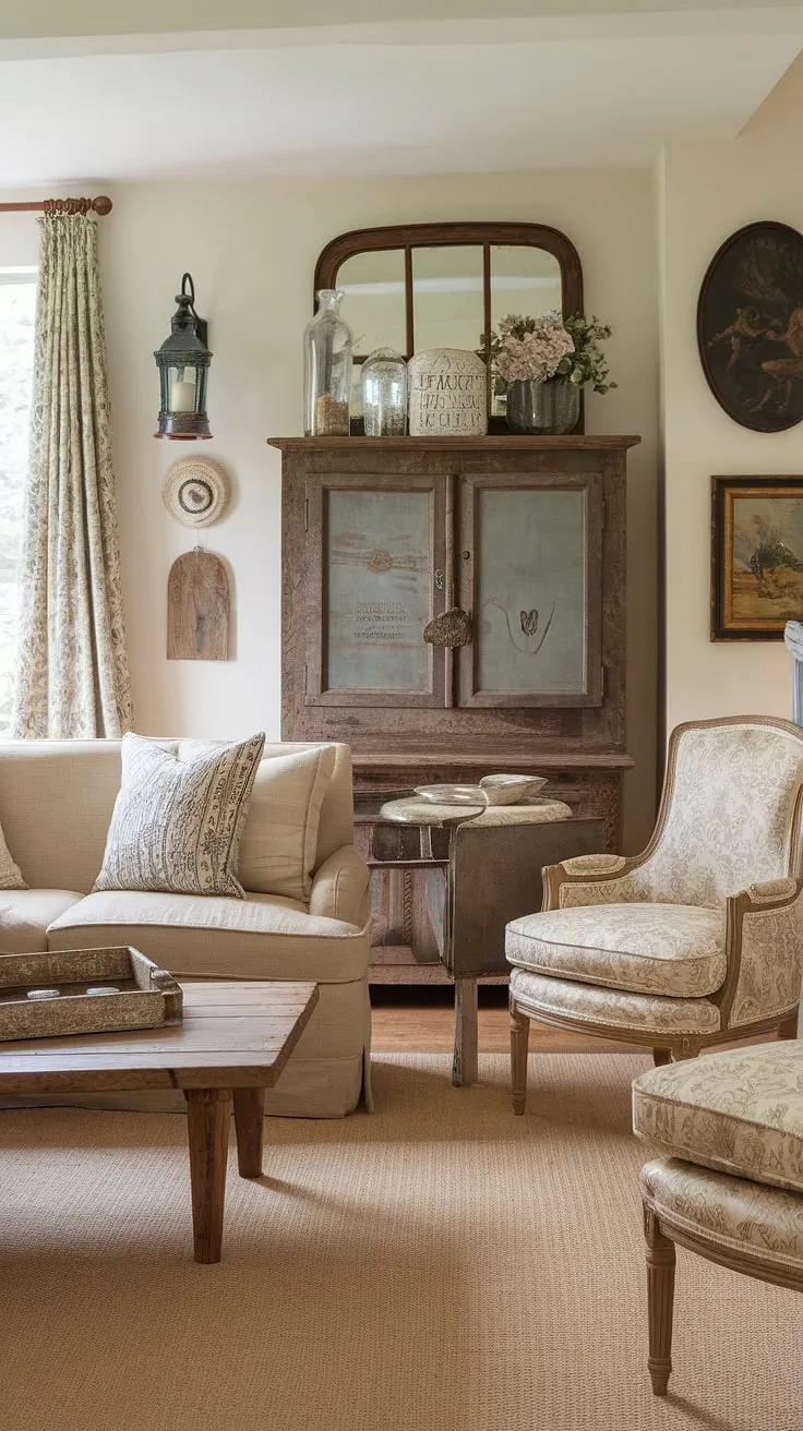 This French cottage decor perfectly captures the essence of a small French country home.  The French country style living room, with its warm color palette and carefully chosen accents, embodies the relaxed elegance of French farmhouse decor.  The country style decor creates a space that's both inviting and sophisticated, showcasing the best of French country interiors.