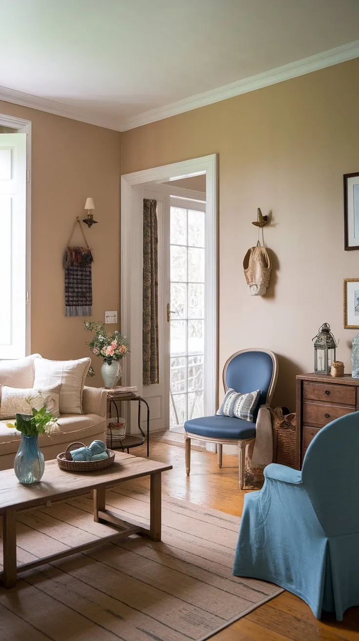 Step inside this idyllic French cottage living room, showcasing the best of French country interiors.  The space effortlessly blends French country style and French farmhouse decor in a small French country home, creating a haven of country style decor.