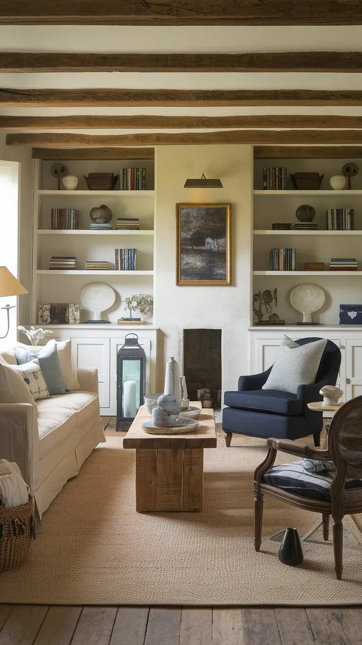 This small French country home showcases the beauty of French cottage decor. The French country style living room, with its warm beige tones and carefully curated details, embodies the essence of French farmhouse decor and country style decor, creating a truly inviting French country interiors space.