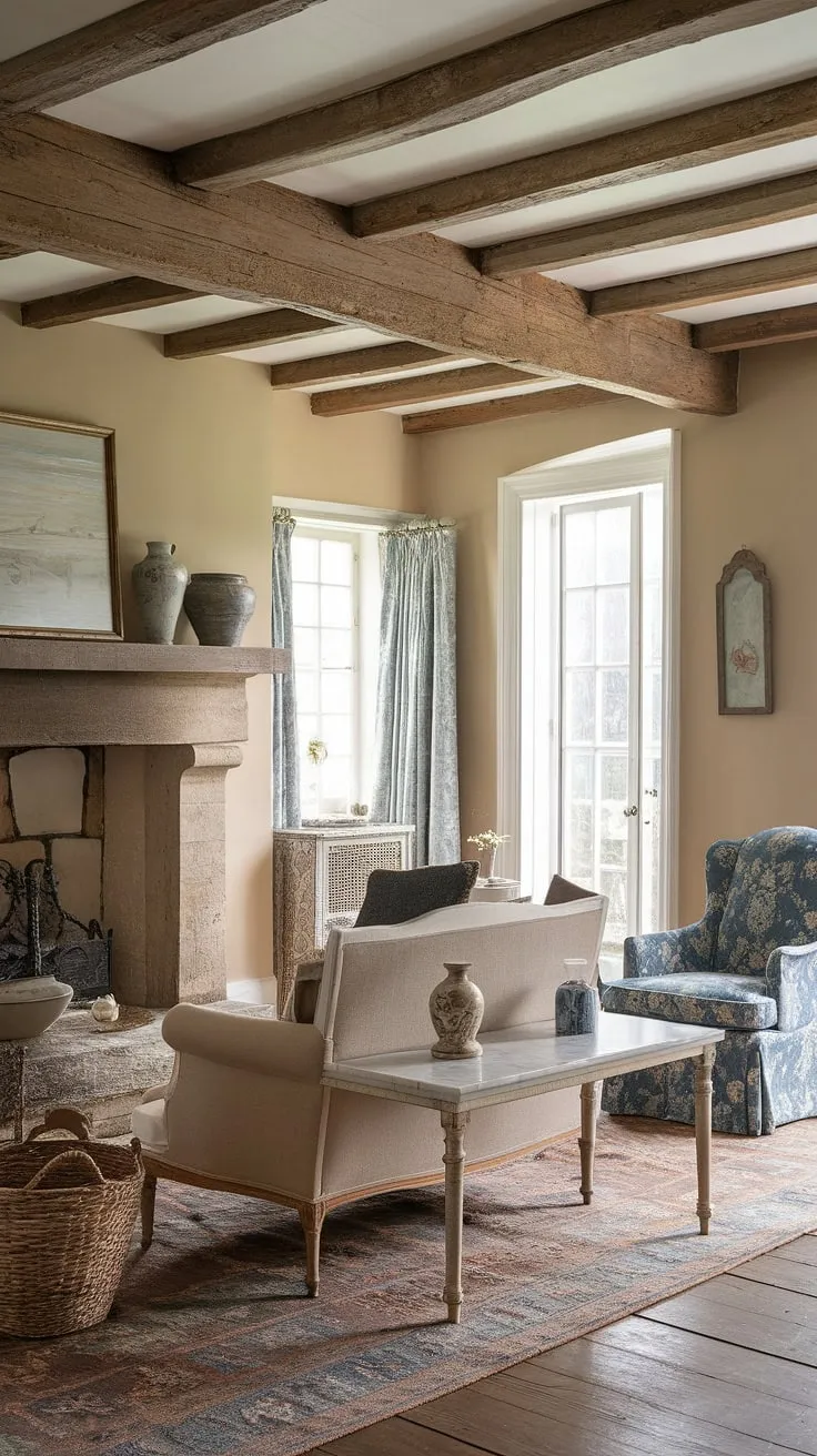 This French cottage living room perfectly captures the allure of French country interiors.  The small French country home is filled with the warmth of French farmhouse decor and the simple elegance of country style decor, showcasing the best of French country style.