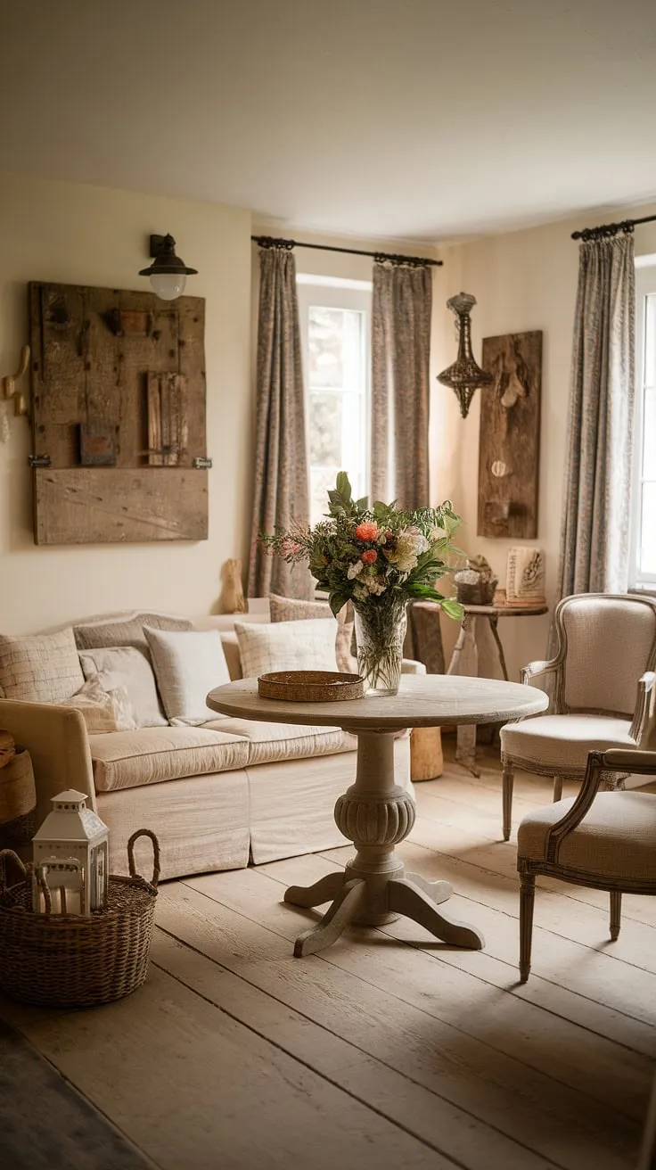 Step inside this idyllic French cottage living room, a perfect example of French country style and French farmhouse decor.  The cozy space embodies the spirit of a small French country home, filled with delightful country style decor and charming French country interiors.