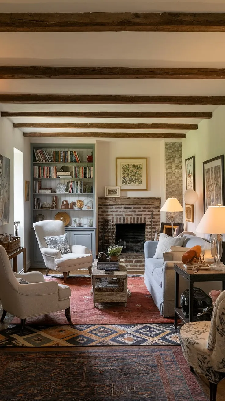This French cottage decor perfectly embodies the spirit of a small French country home.  The French country interiors are a masterclass in rustic elegance, blending the warmth of a brick fireplace with the inviting charm of French farmhouse decor.  Comfortable seating, a well-loved bookshelf, and carefully chosen artwork complete the picture of quintessential country style decor in this delightful French cottage living room.