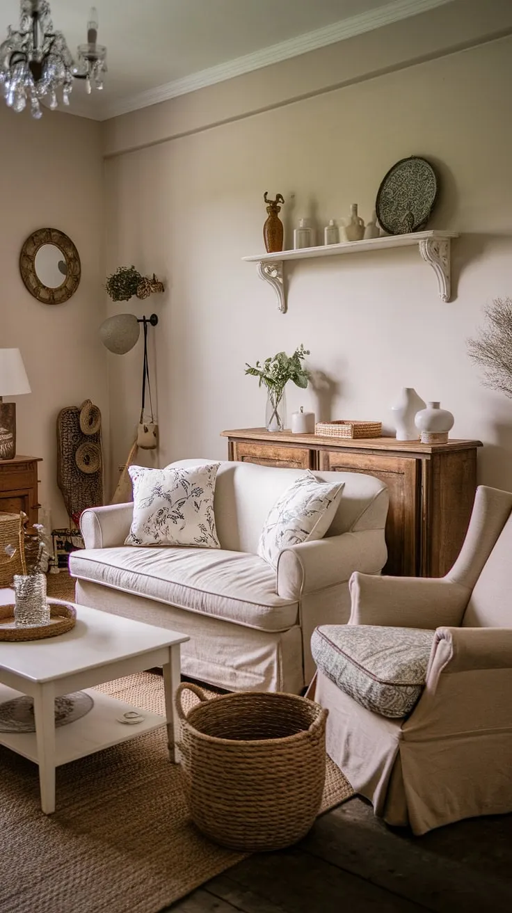 Step inside this charming small French country home, where French country style meets cozy comfort.  The French cottage living room, adorned with French farmhouse decor and country style decor, offers a tranquil escape.  Notice the carefully curated details, from the floral pillows to the woven basket, all contributing to the inviting atmosphere of these French country interiors.