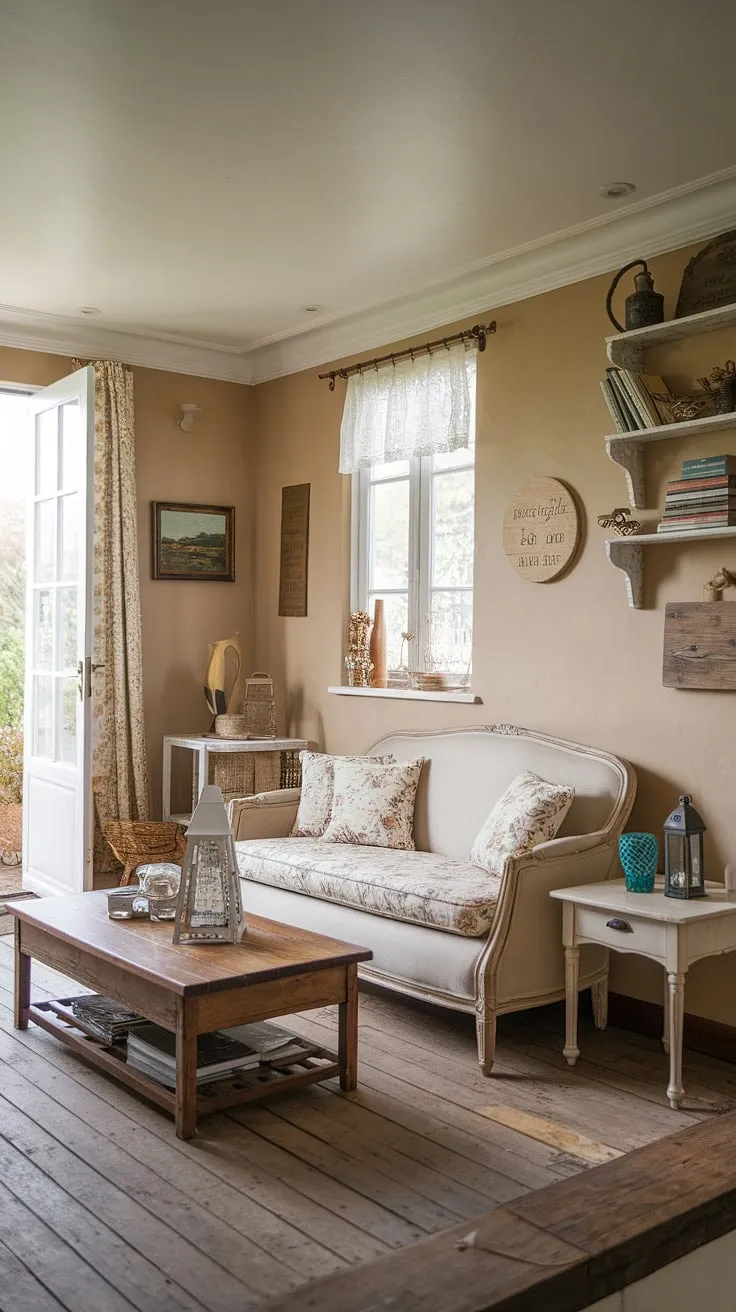 This small French country home boasts charming French cottage living room, showcasing the best of French country interiors and country style decor.  The quintessential French farmhouse decor creates a cozy and inviting atmosphere.