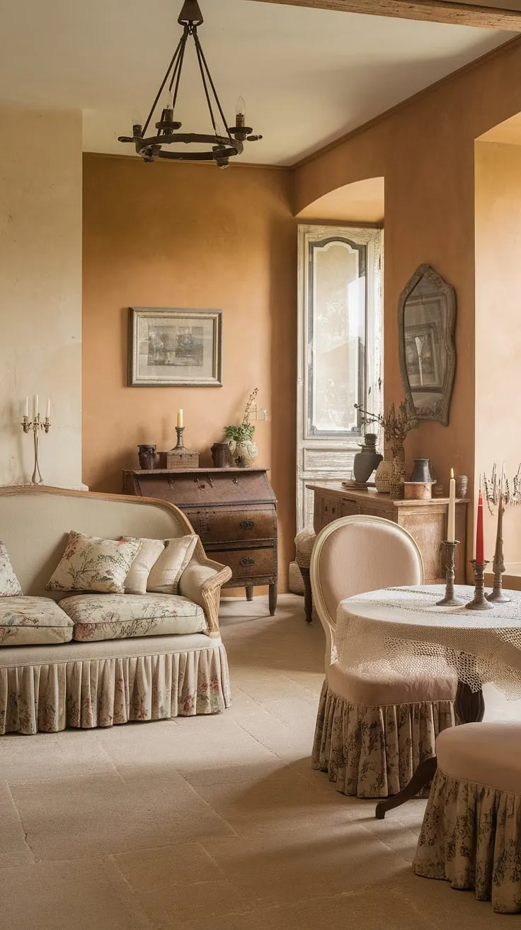 This French cottage living room perfectly captures the essence of French farmhouse decor.  The warm beige walls, rustic chandelier, and carefully chosen furnishings create a serene and elegant space within this small French country home.  A testament to the timeless appeal of French country interiors and country style decor.