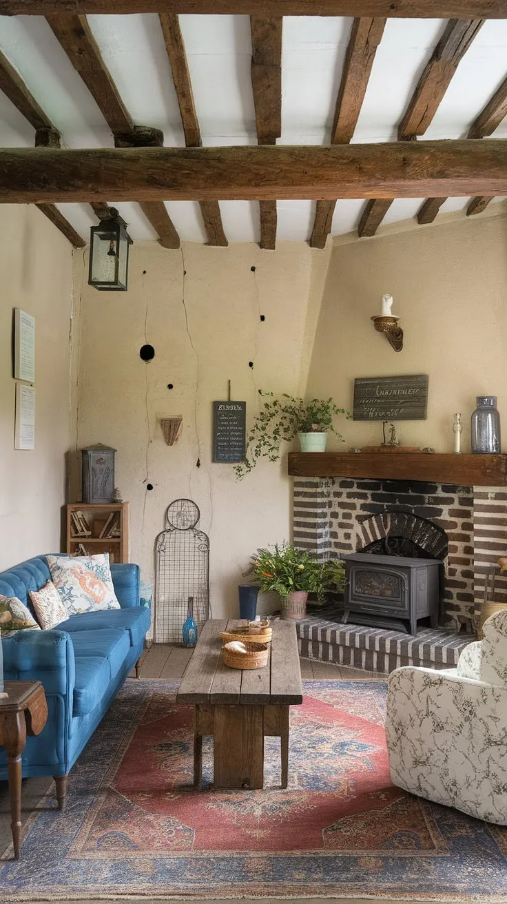 This delightful French cottage living room embodies the essence of French country style.  The imperfect walls and aged details add character to this small French country home, while the carefully curated French farmhouse decor and country style decor create a warm and inviting atmosphere.  A perfect example of French country interiors in a cozy, lived-in space.