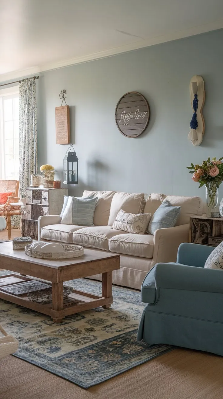 This French cottage living room embodies the essence of French country style.  Every detail, from the patterned rug to the wooden coffee table, speaks to the charm of French farmhouse decor and country style decor.  This small French country home offers a tranquil escape, showcasing the beauty of French country interiors in a space brimming with character.