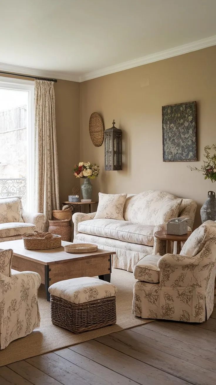 Step inside this idyllic French cottage living room, a perfect example of French country style.  The small French country home is filled with delightful French farmhouse decor and country style decor, creating the ultimate in French country interiors.