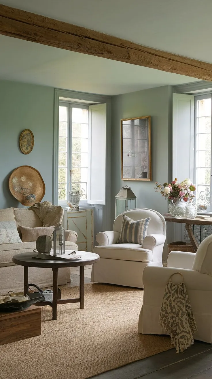 Escape to the tranquility of this French cottage living room, nestled within a small French country home.  The gentle blue hues, rustic wooden accents, and thoughtfully chosen pieces of French country style furniture create a haven of French farmhouse decor.  Every detail, from the vase of flowers to the wooden box, speaks to the beauty of country style decor and the inviting warmth of French country interiors.