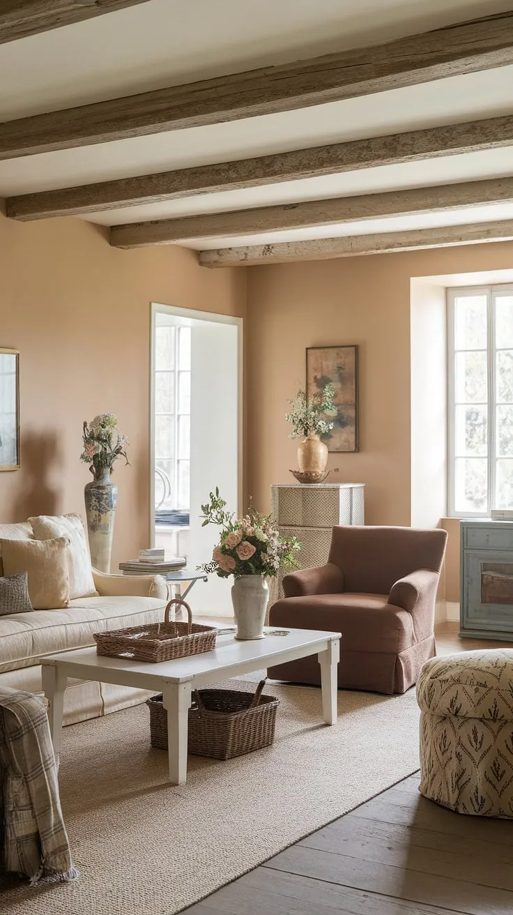 Step inside this idyllic French cottage living room, where French country interiors meet rustic charm.  This small French country home showcases the best of French country style and French farmhouse decor, creating a space that's both elegant and comfortable.