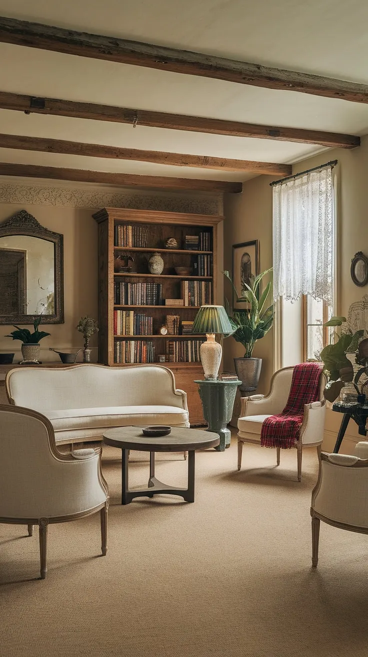 This delightful French cottage decor showcases the quintessential French country style in a small French country home.  The French cottage living room, with its warm beige tones and rustic wooden accents, embodies the spirit of French farmhouse decor, creating a space that's both inviting and elegantly simple.