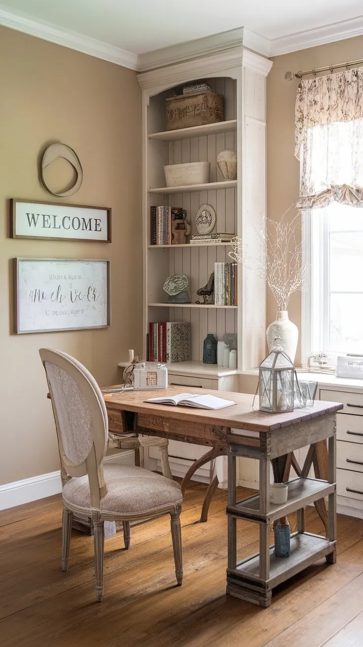 This French country home office embodies cottage style office ideas with its delicate details and inviting atmosphere.  The French country office desk creates a feminine farmhouse office space that's both functional and beautiful.