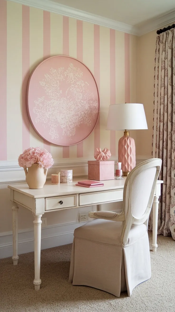 This French country home office embodies effortless elegance.  The French country office desk, nestled within a calming beige and pink palette, offers a haven of productivity and style, showcasing the best of cottage style office ideas for a truly feminine farmhouse office.