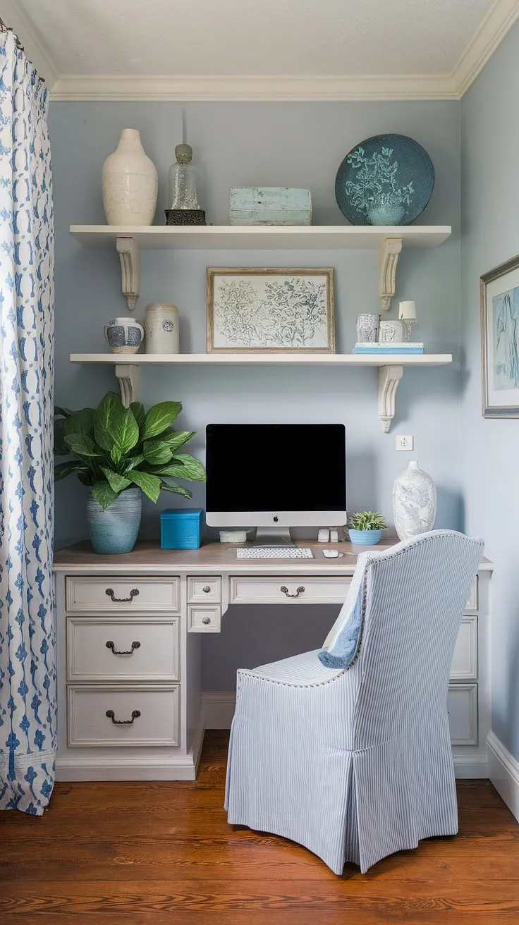 This French country home office is the epitome of feminine farmhouse style.  A dreamy workspace, complete with a French country office desk and thoughtful details, offering endless cottage style office ideas for your own haven of productivity.