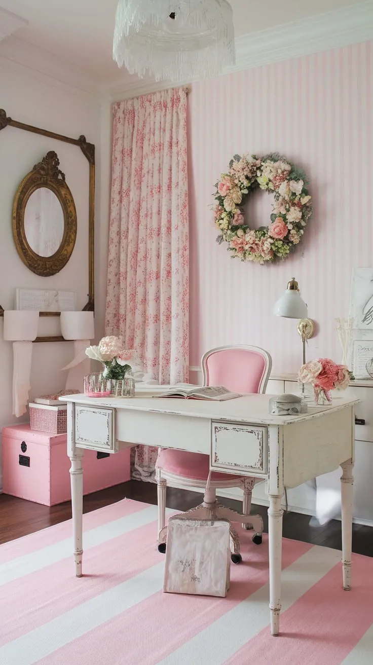 This feminine farmhouse office is the epitome of French country charm.  From the pink chair to the vintage lamp, every detail contributes to a cozy and inspiring cottage style office space, perfect for working from home.