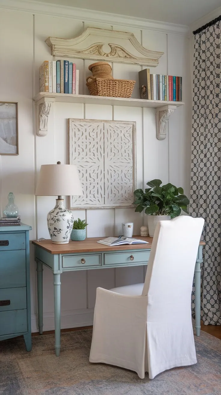 This French country home office embodies cottage style office ideas with its delicate details and inviting atmosphere.  The French country office desk is the perfect centerpiece for this feminine farmhouse office, a space designed for both productivity and tranquility.