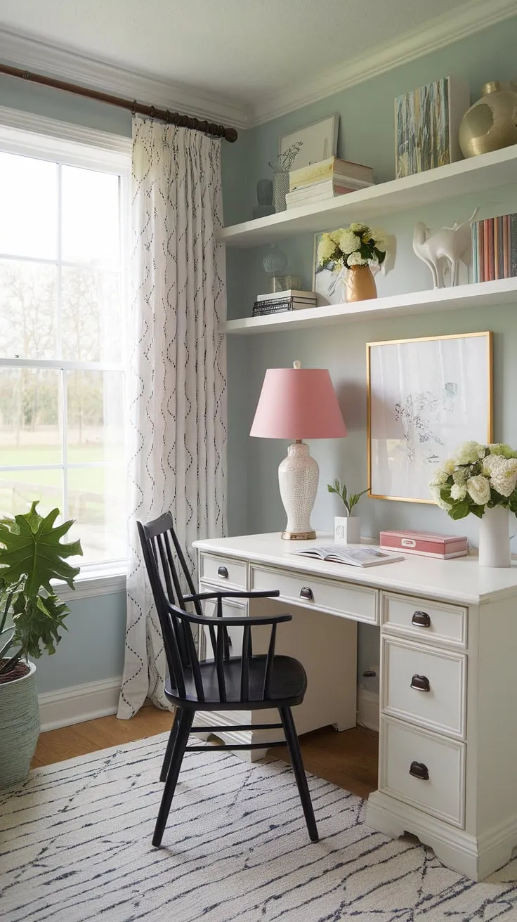 Sunlight streams into this charming feminine farmhouse office, perfectly blending French country style with cottage style office ideas. The French country office desk, complete with a pink lampshade, provides the ideal workspace in this serene and inspiring room.
