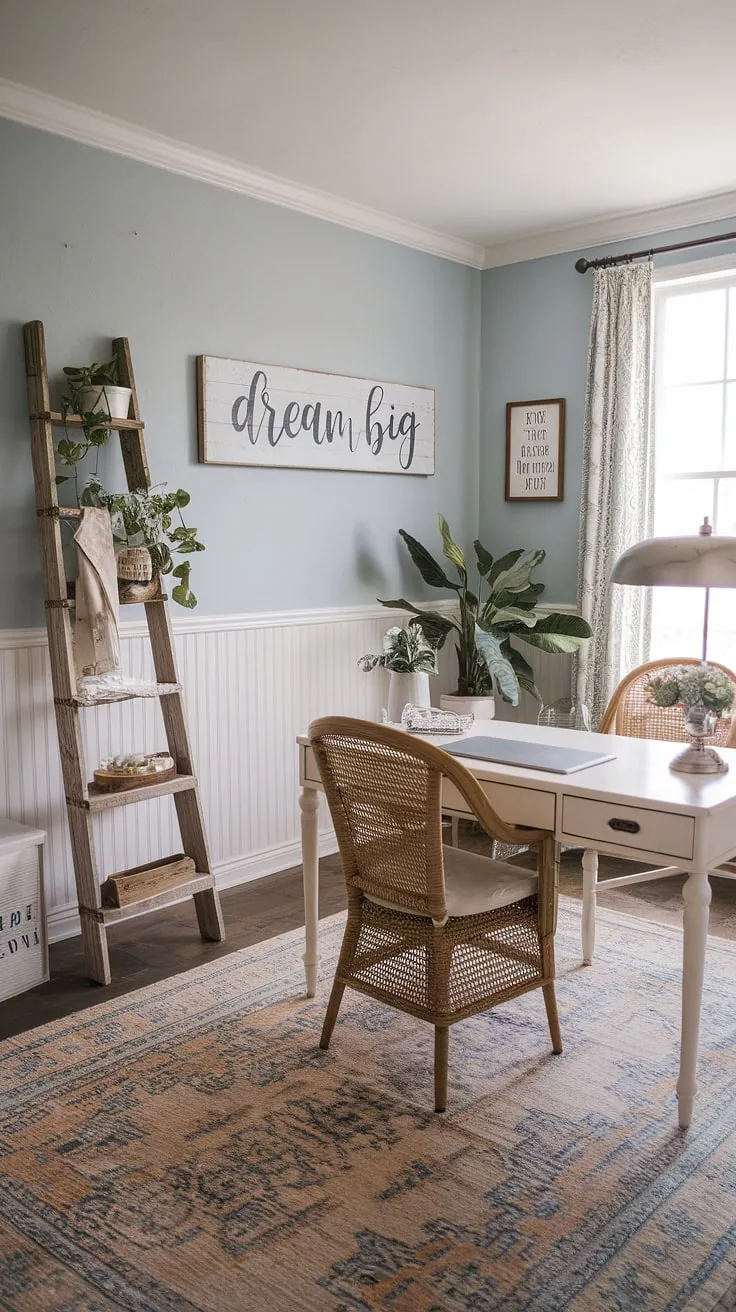 Dreamy details and effortless style define this feminine farmhouse office, a perfect blend of French country home office charm and cottage style office ideas. The French country office desk is the heart of this inspiring workspace.