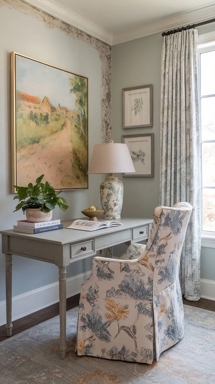 Dreamy details and effortless style define this feminine farmhouse office, a perfect blend of French country home office charm and cottage style office ideas. The French country office desk is the heart of this inspiring workspace.