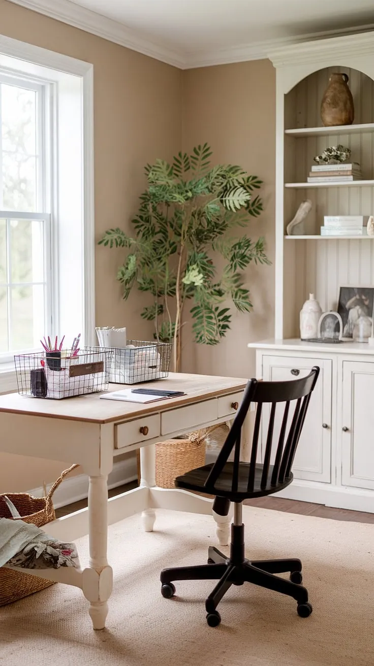 Dreamy details and effortless style define this feminine farmhouse office, a perfect blend of French country home office charm and cottage style office ideas. The French country office desk is the heart of this inspiring workspace.