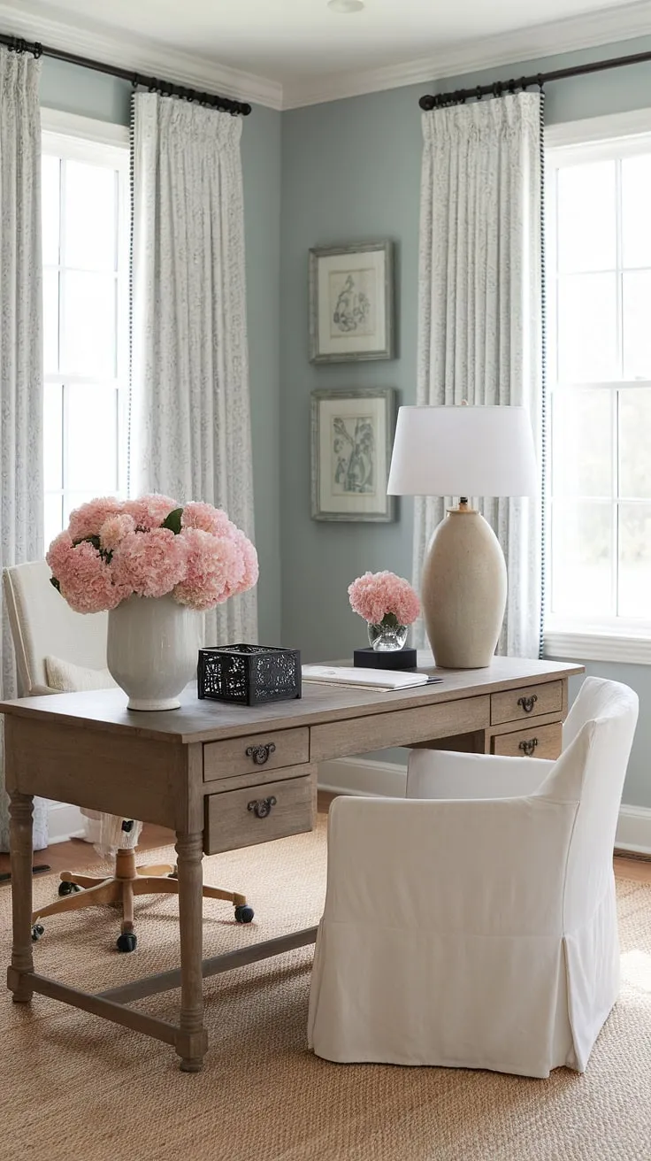 Dreamy details and effortless style define this feminine farmhouse office, a perfect blend of French country home office charm and cottage style office ideas. The French country office desk is the heart of this inspiring workspace.
