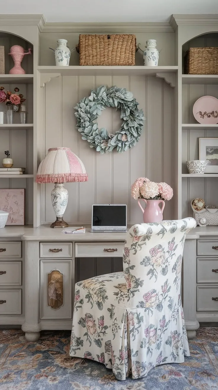This French country office desk anchors a serene and productive feminine farmhouse office.  Find inspiration for your own cottage style office ideas in this haven of French country home office elegance.