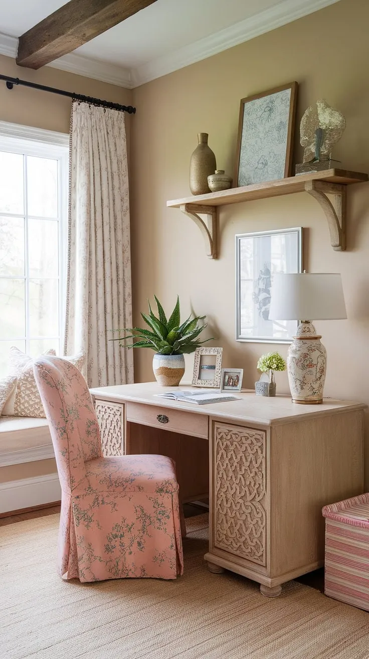 This French country office desk anchors a truly captivating feminine farmhouse office.  Find inspiration for your own cottage style office ideas in this haven of French country home office elegance.