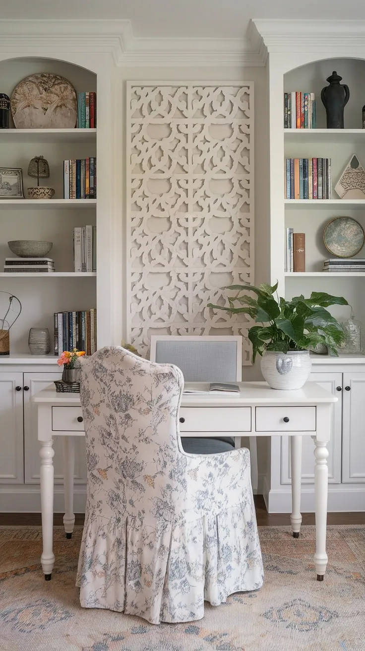 Dreamy details and effortless style define this feminine farmhouse office, a perfect blend of French country home office charm and cottage style office ideas. The French country office desk is the heart of this serene workspace.