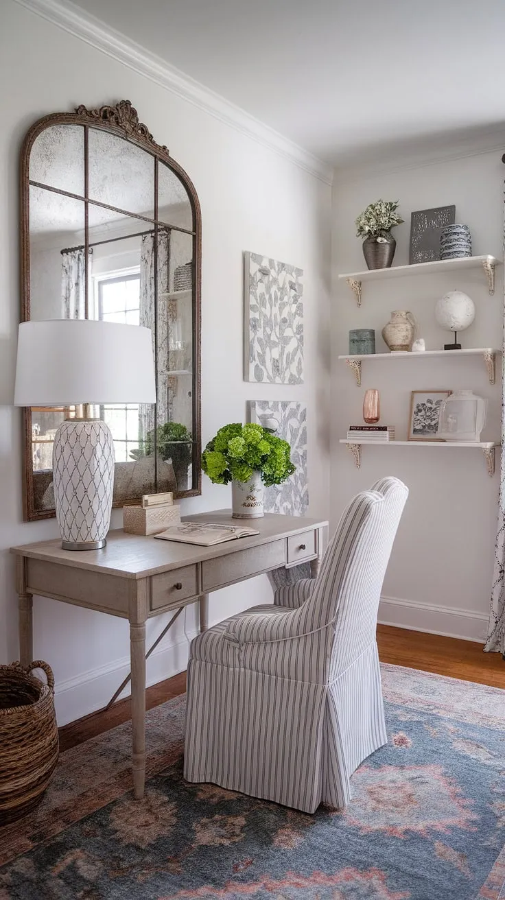 This French country home office embodies the perfect blend of feminine farmhouse style and sophisticated practicality. The French country office desk, nestled amongst charming details and a stunning ornate mirror, offers a tranquil workspace brimming with cottage style office ideas.  A haven of serenity and inspiration awaits.