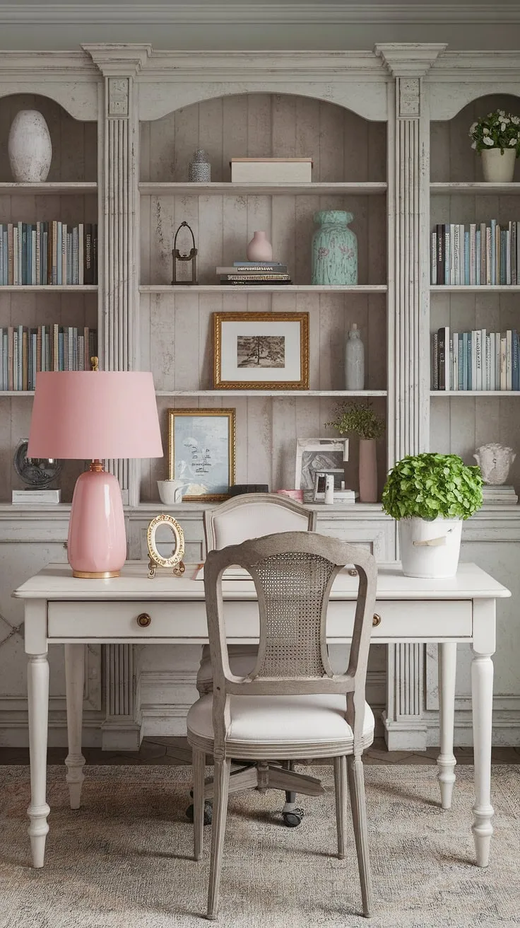 This French country home office embodies cottage style office ideas with its delicate details and inviting atmosphere. The French country office desk is the perfect centerpiece for this feminine farmhouse office, creating a space both beautiful and functional.