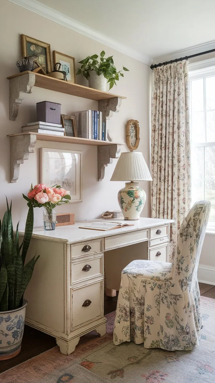 This French country home office embodies cottage style office ideas with its delicate details and inviting atmosphere.  The French country office desk is the perfect centerpiece for a feminine farmhouse office, creating a space both productive and peaceful.
