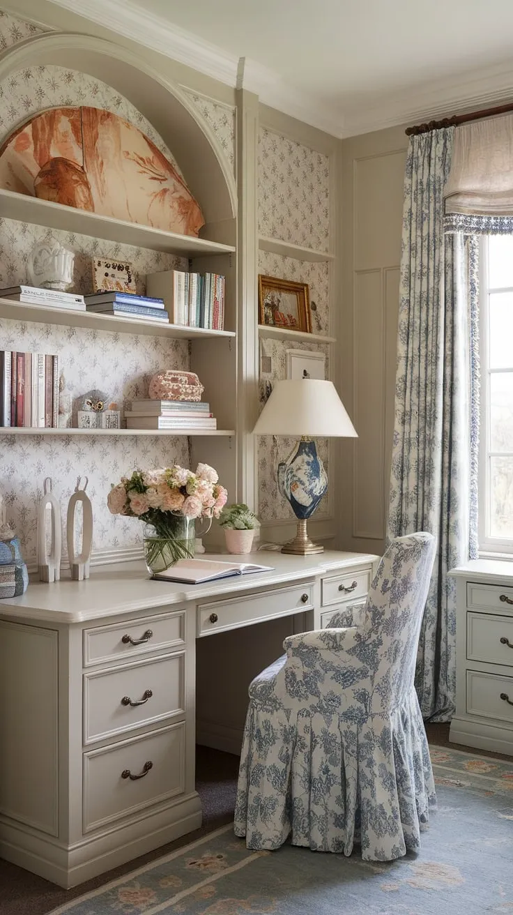 This French country home office embodies effortless elegance.  The delicate details, from the patterned walls to the thoughtfully arranged bookshelves, create a feminine farmhouse office that's both functional and utterly captivating.  Find your perfect blend of cottage style office ideas here.