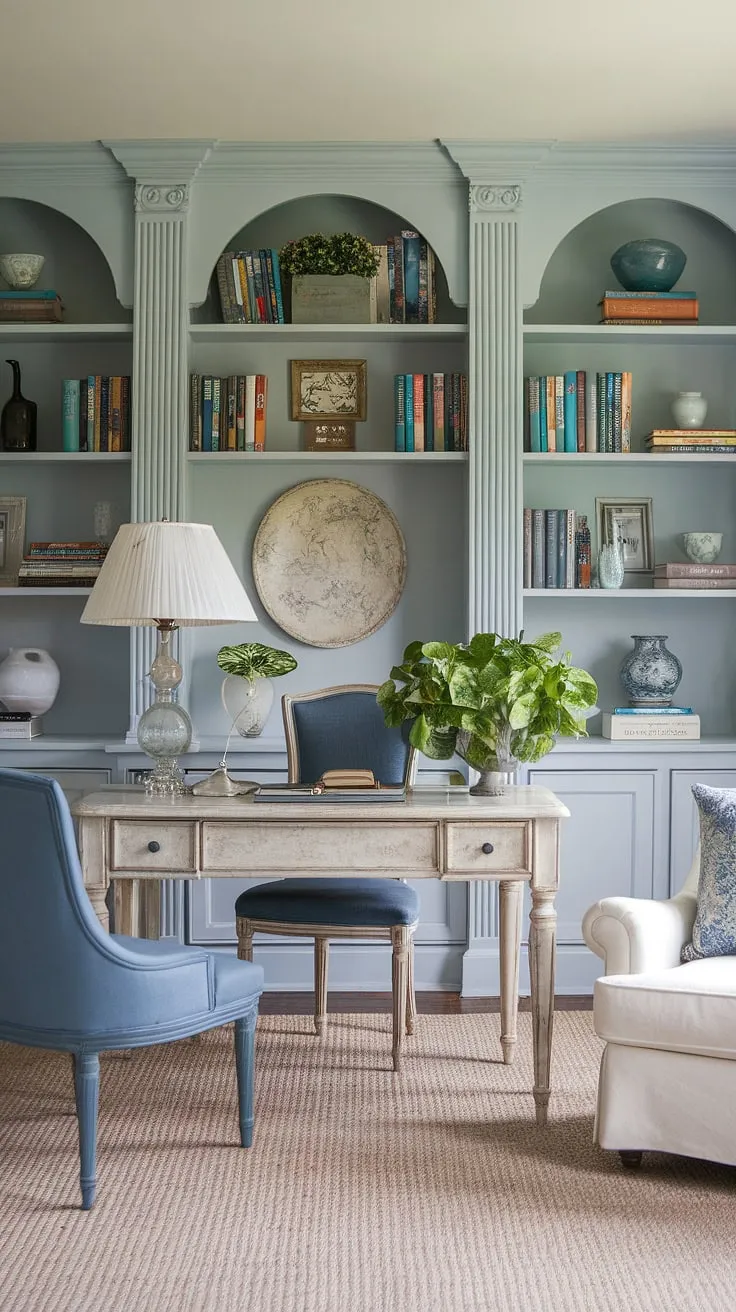 Dreamy details and effortless style define this French country home office.  The feminine farmhouse office desk is the perfect centerpiece, showcasing charming cottage style office ideas for a space that's both productive and peaceful.