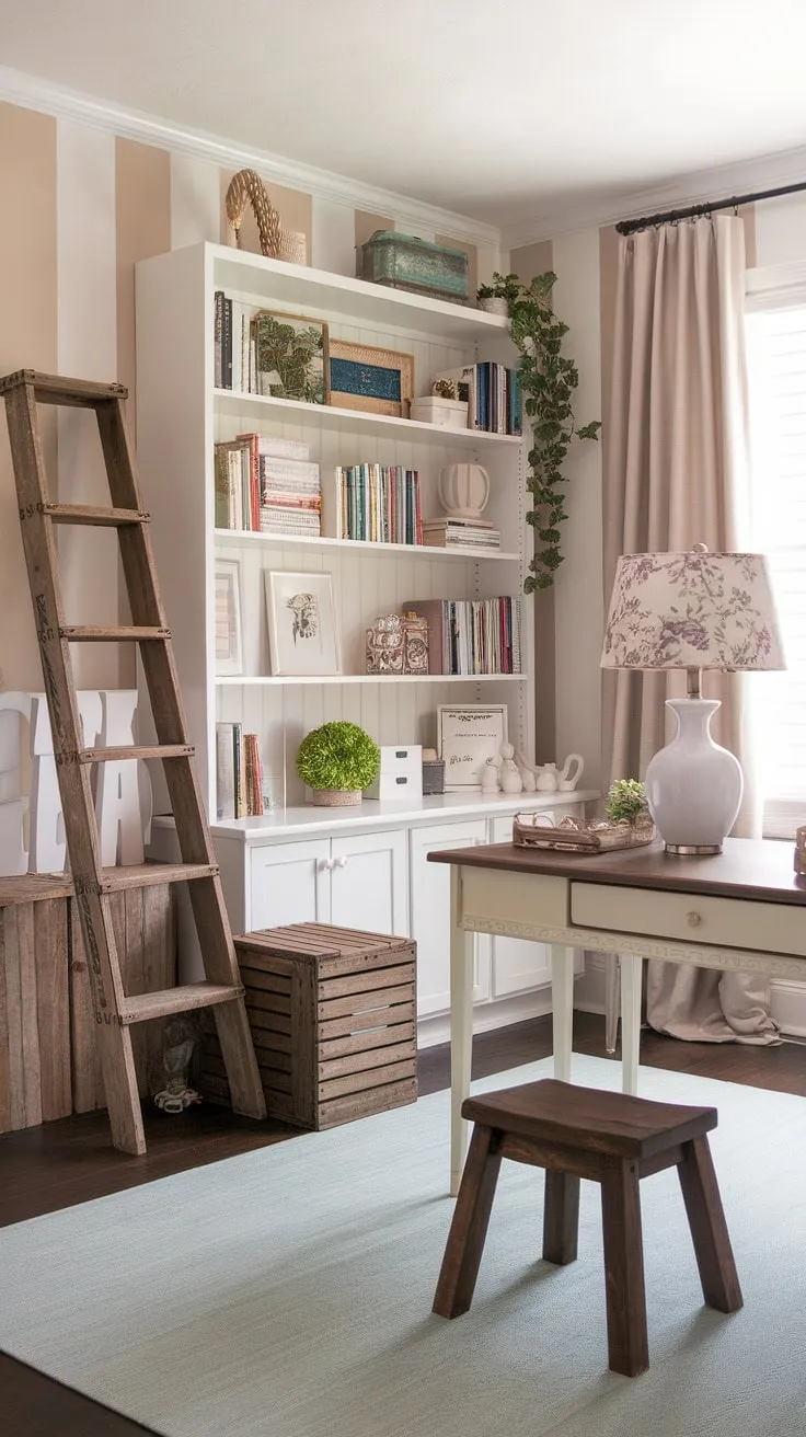 This French country home office embodies cottage style office ideas with its delicate details and inviting atmosphere. The French country office desk is the perfect centerpiece for this feminine farmhouse office, a space designed for both productivity and tranquility.