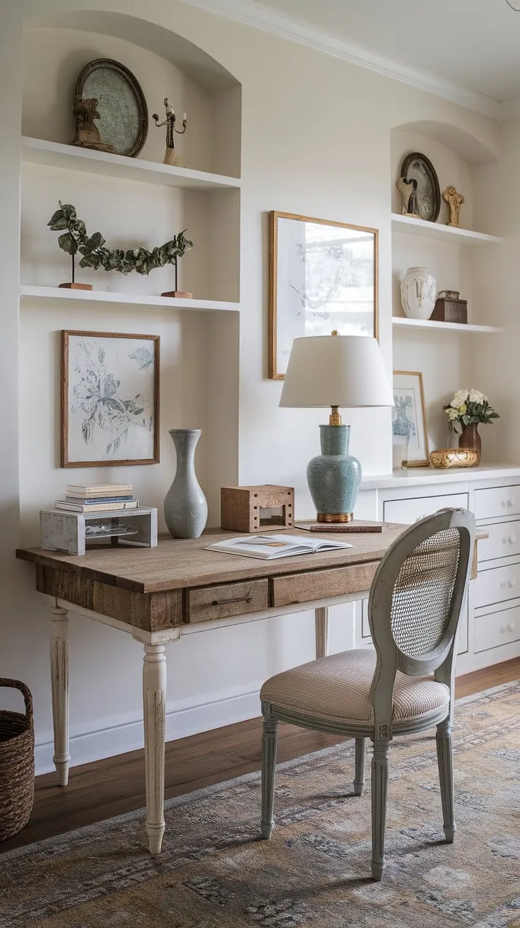 Dreamy details and effortless style define this feminine farmhouse office, a perfect blend of French country home office charm and cottage style office ideas. The French country office desk is the heart of this inspiring workspace.