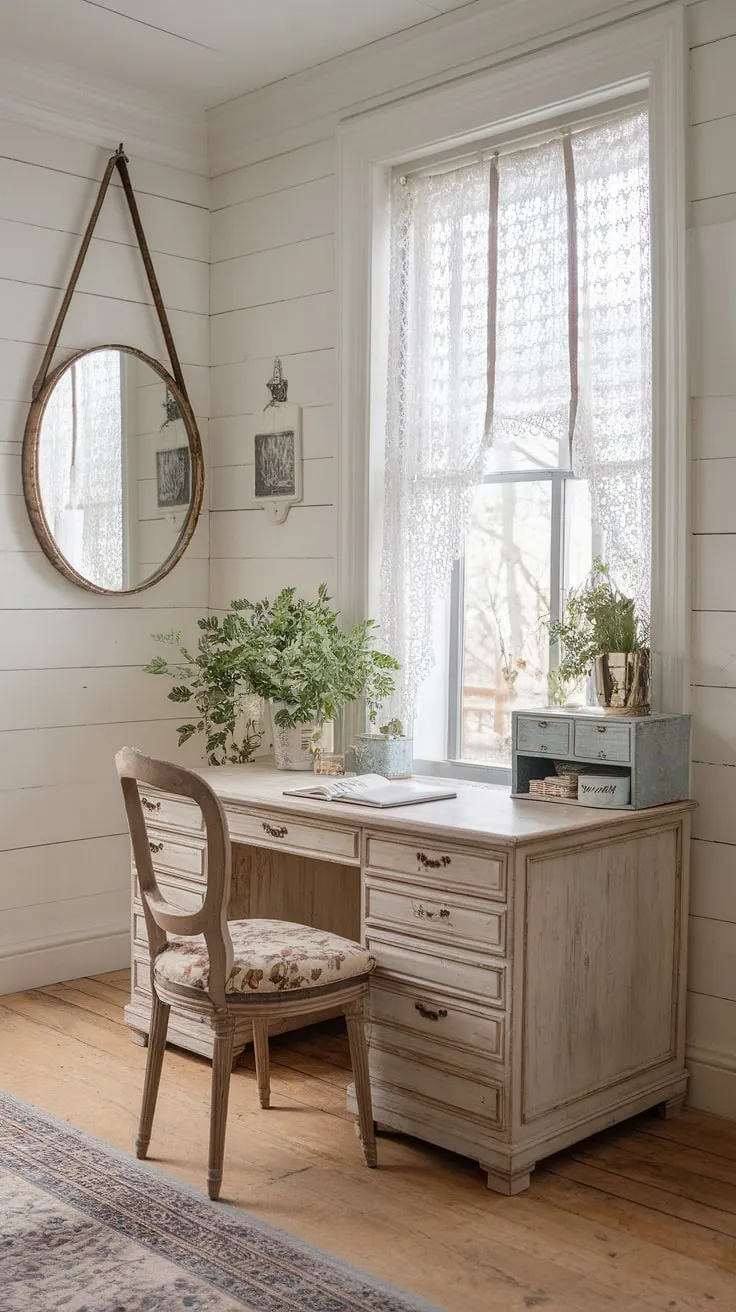 This French country home office is the epitome of feminine farmhouse style.  Cottage style office ideas meet French country elegance in this beautifully curated workspace, anchored by a stunning French country office desk.