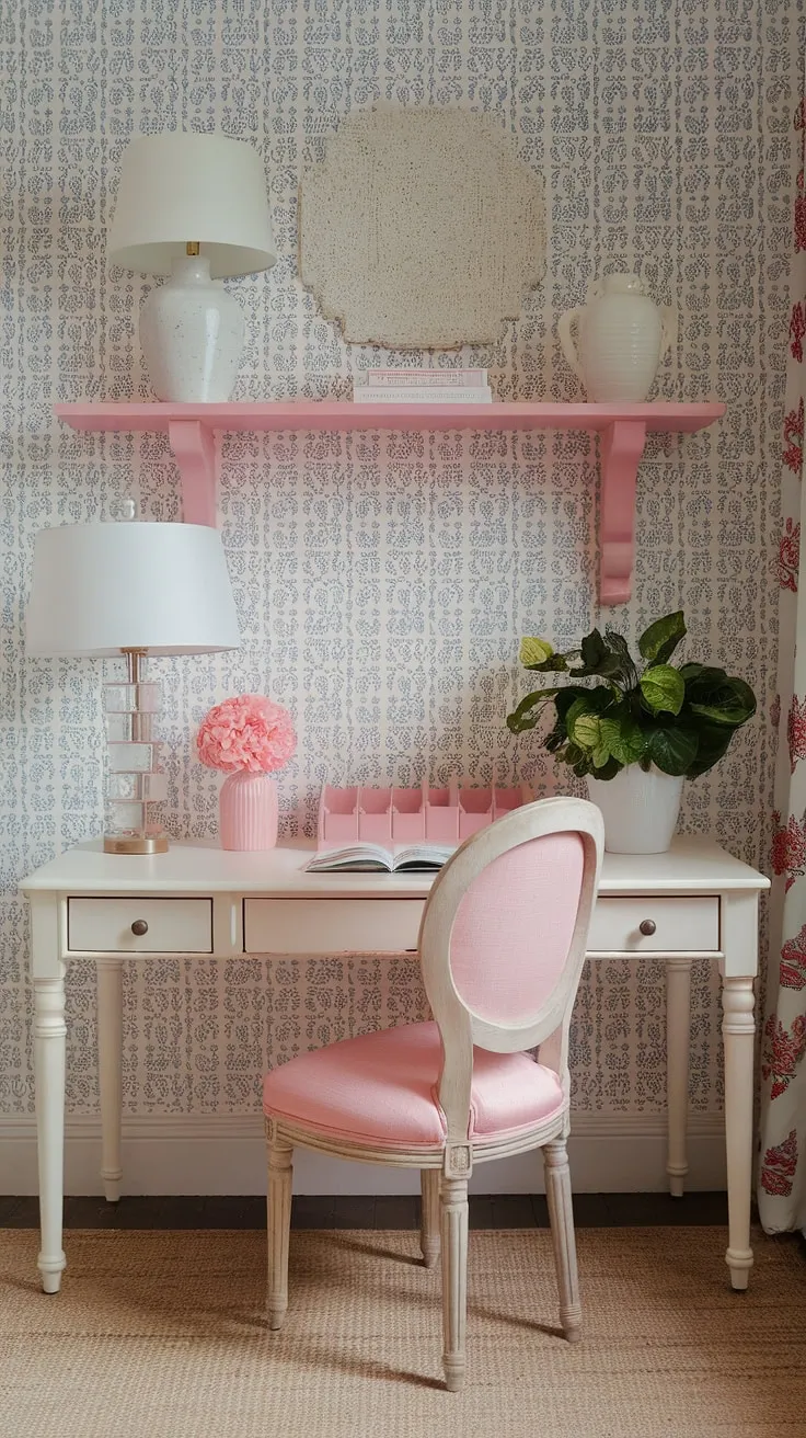 This French country home office embodies effortless elegance.  The French country office desk, styled with a pink chair and thoughtful accents, showcases the best of feminine farmhouse office design.  Find inspiration for your own cottage style office ideas in this serene setting.
