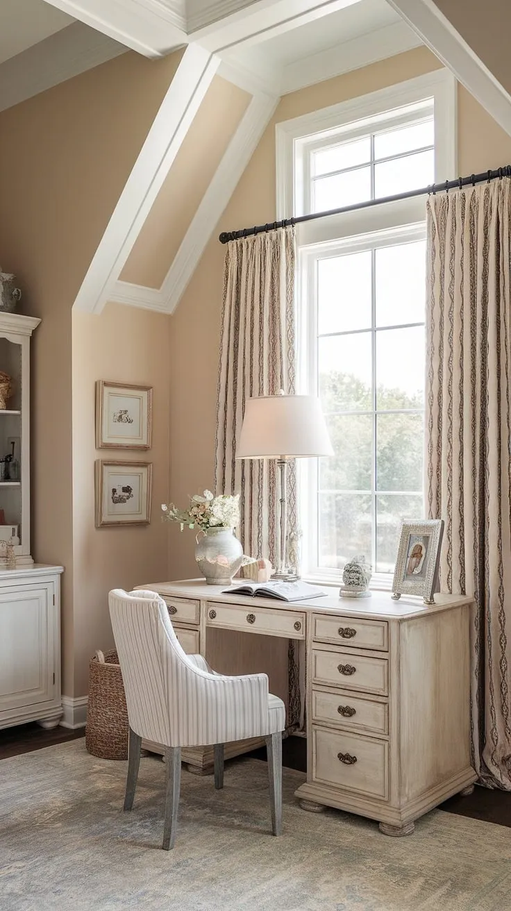 Dreamy details and effortless style define this feminine farmhouse office, a perfect blend of French country home office charm and cottage style office ideas. The French country office desk is the heart of this inspiring workspace.