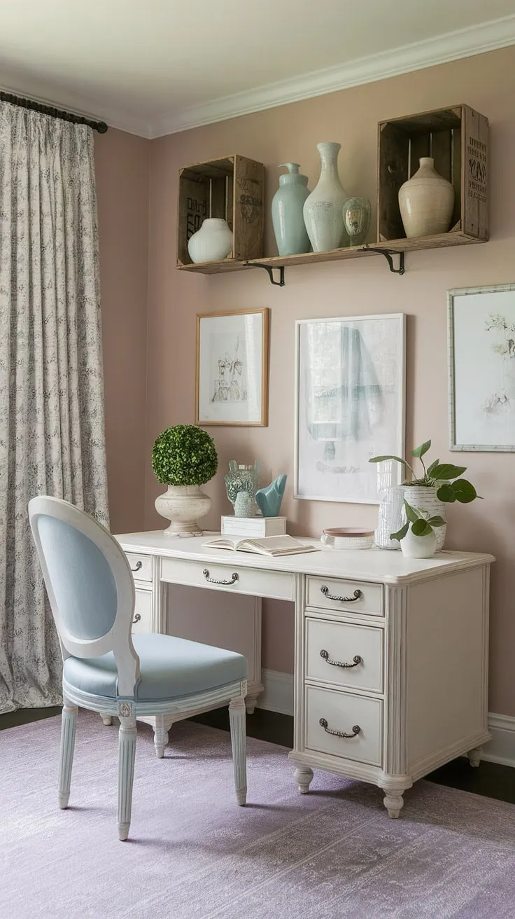 Dreamy details and a touch of French country charm define this feminine farmhouse office. The perfect blend of cottage style office ideas and practical workspace.