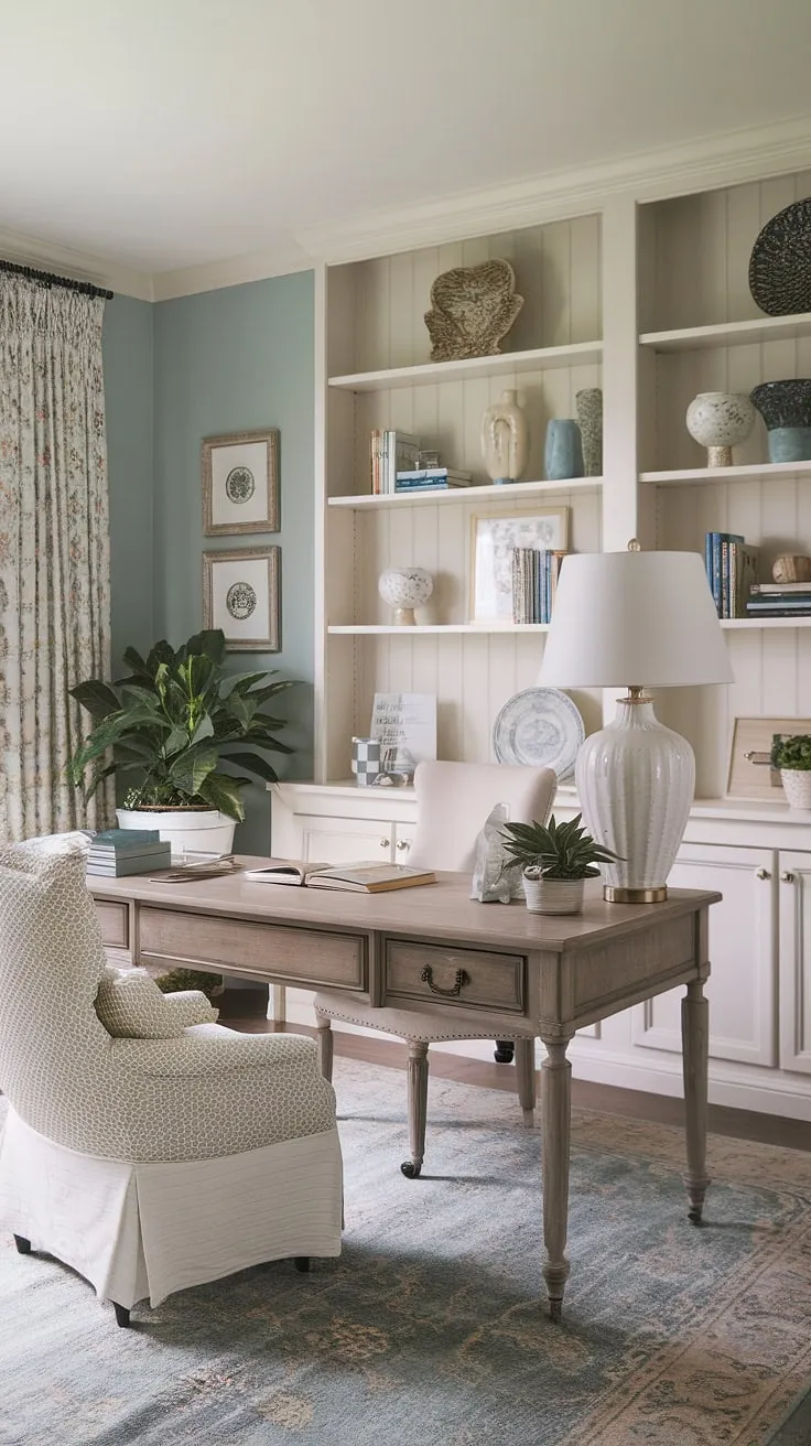 This French country home office embodies feminine farmhouse style at its finest.  The charming French country office desk, complete with a cozy chair and curated details, creates a space that's both beautiful and functional.  Find inspiration for your own cottage style office ideas in this tranquil retreat.