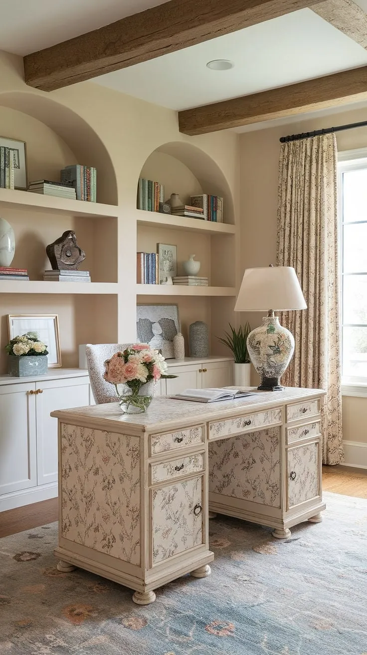 Escape to your own slice of French countryside charm with this feminine farmhouse office.  The cottage-style desk, complete with floral details, is the perfect spot to inspire creativity in your French country home office.  This is the epitome of cottage style office ideas.