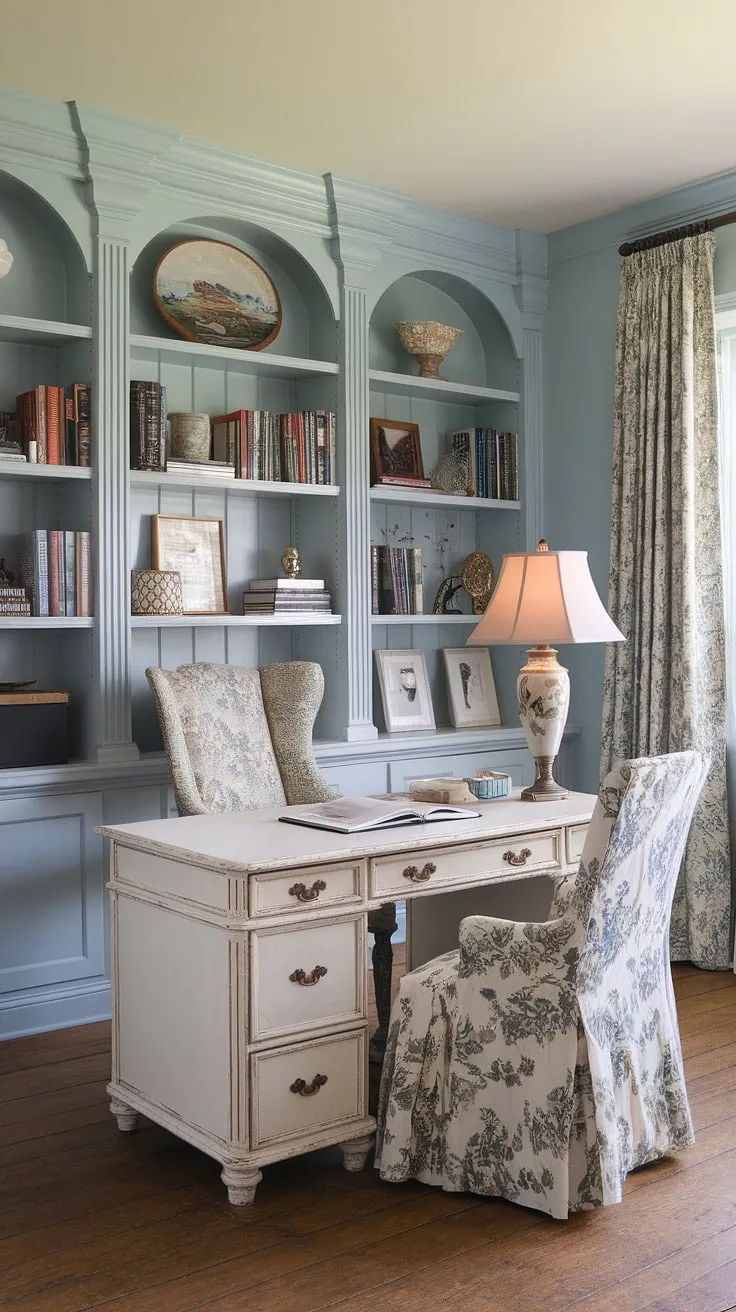 This French country home office embodies the perfect feminine farmhouse aesthetic.  A vintage lamp illuminates the charming French country office desk, while a coordinating floral chair adds a touch of whimsy.  Get inspired by these cottage style office ideas and create your own haven of productivity and style.